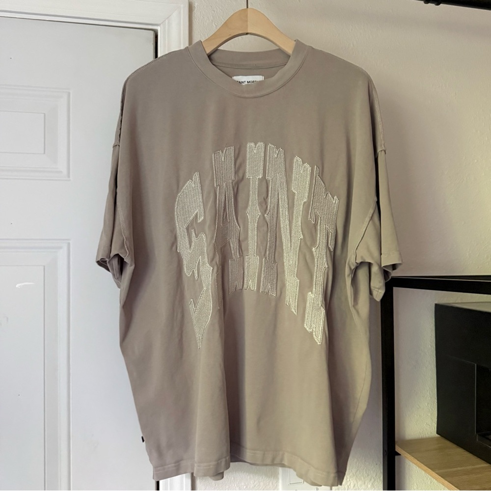 SAINT MORTA men’s tan cotton knit‎ logo boxy oversized crew neck tee t-shirt